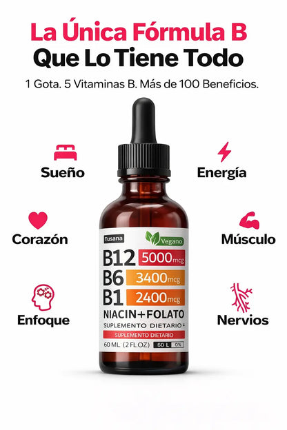 Gotas B12 5-en-1: Energía líquida de absorción inmediata. 50% dto