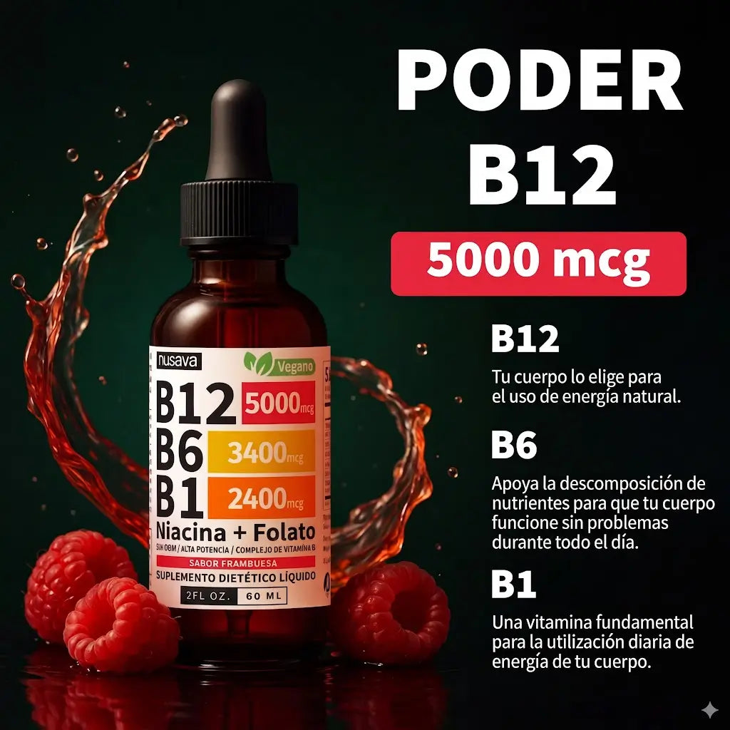 Gotas B12 5-en-1: Energía líquida de absorción inmediata. 50% dto