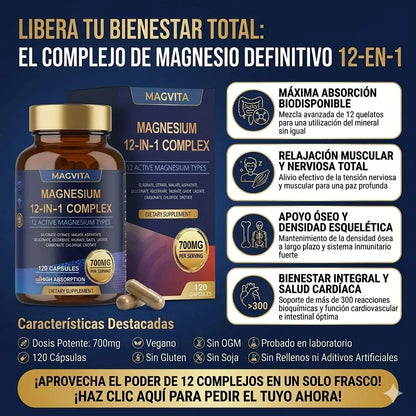 MagVita™ –  MAGNESIO Complex 12 en 1 cuerpo relajado,  mejor descanso  y mayor energía.